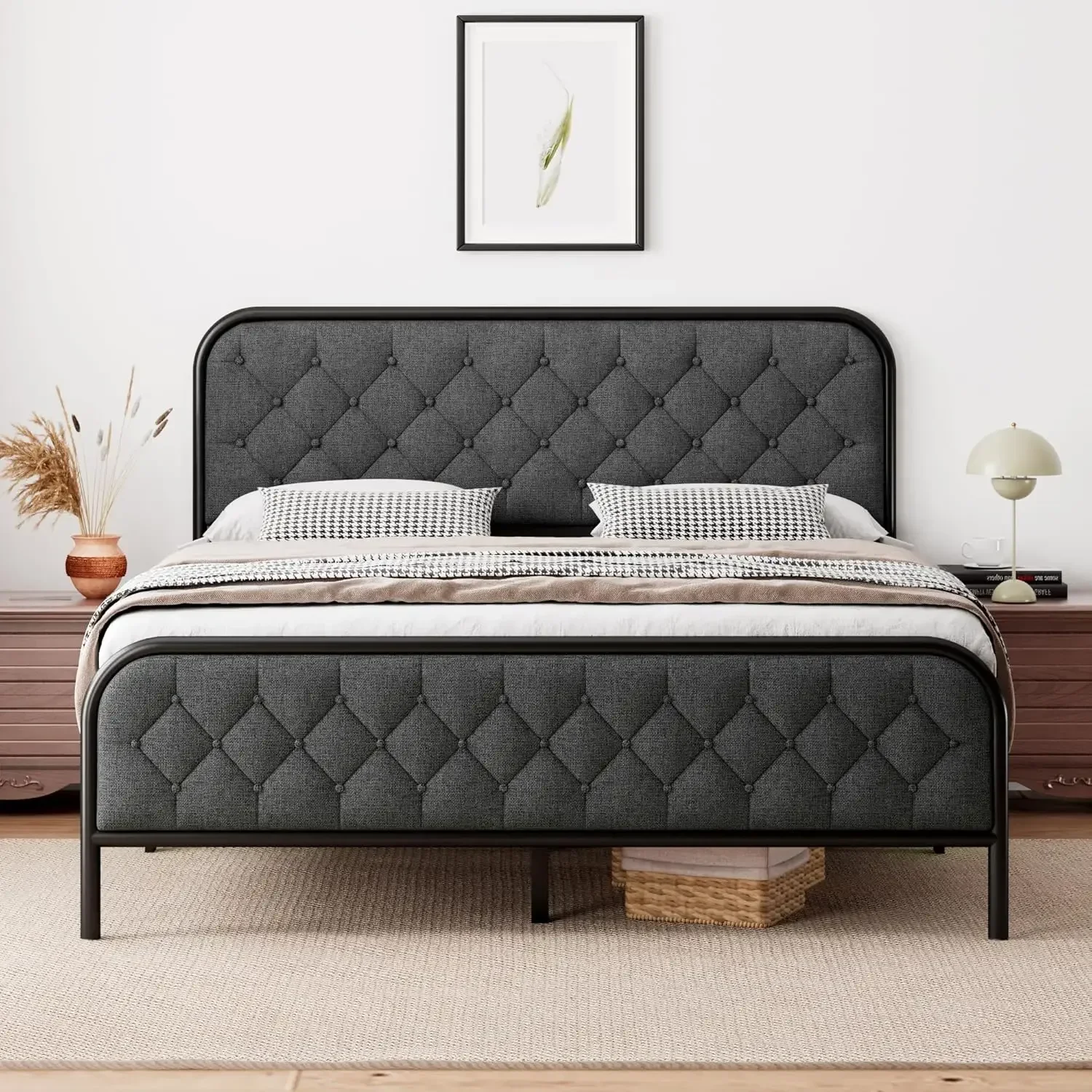 Bed Frame, Upholstered Platform Bed Frame with Diamond Linen Headboard, Heavy Duty Metal Slats Support