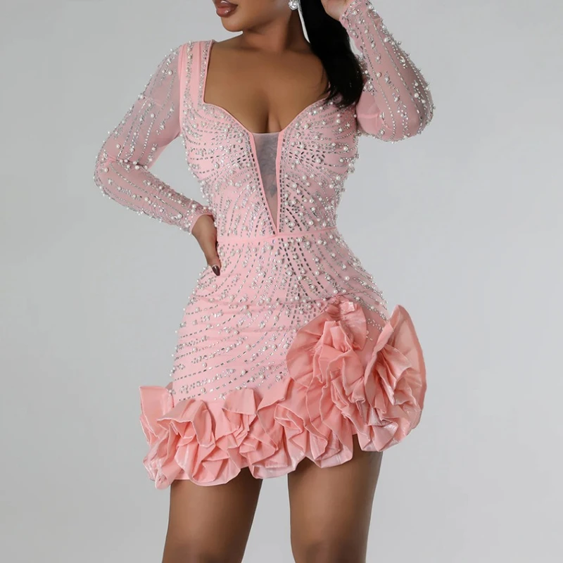 

2026 Party Dresses Beading Diamond Long Sleeves Ruffles for women Shiny Elegant Wedding Guest Gown Occasion Celebrate Birthday