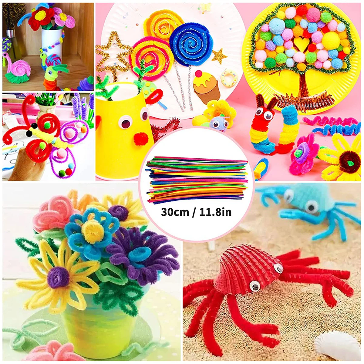 Kids Creative Plush Stick Pompoms Rainbow Colors Feather Eyes Sticker Educational DIY Toys Handmade Art Craft Devoloping Toys
