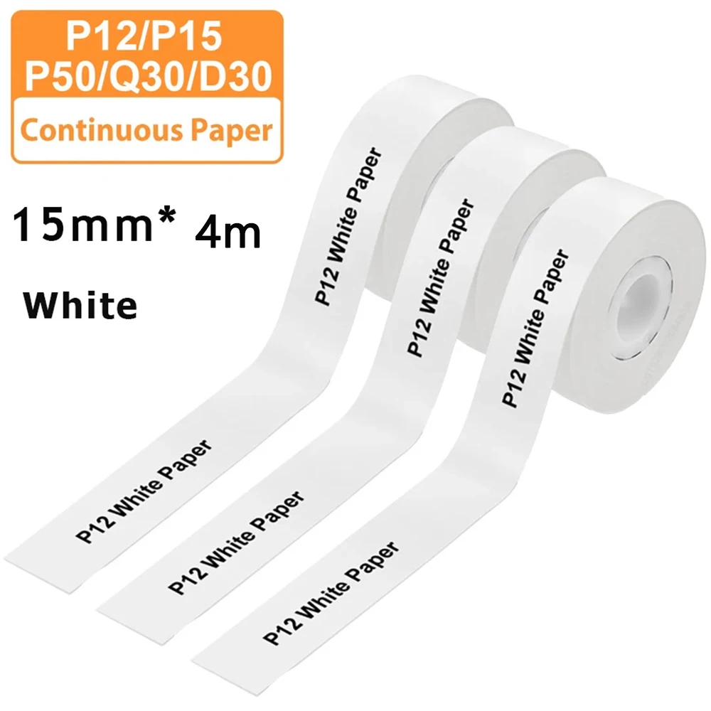 Papier d'étiquettes continu 15mm x 4m, 3 pièces, adapté à l'imprimante P12 P15 Phomemo D30 Q30, autocollant thermique auto-adhésif étanche