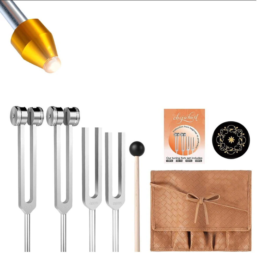 Resonanz-Klangheilungs-Stimmgabel-Set 528Hz, 432Hz, 136,1Hz, 128Hz mit Aktivator für Stressabbau, Entspannung & Chakra