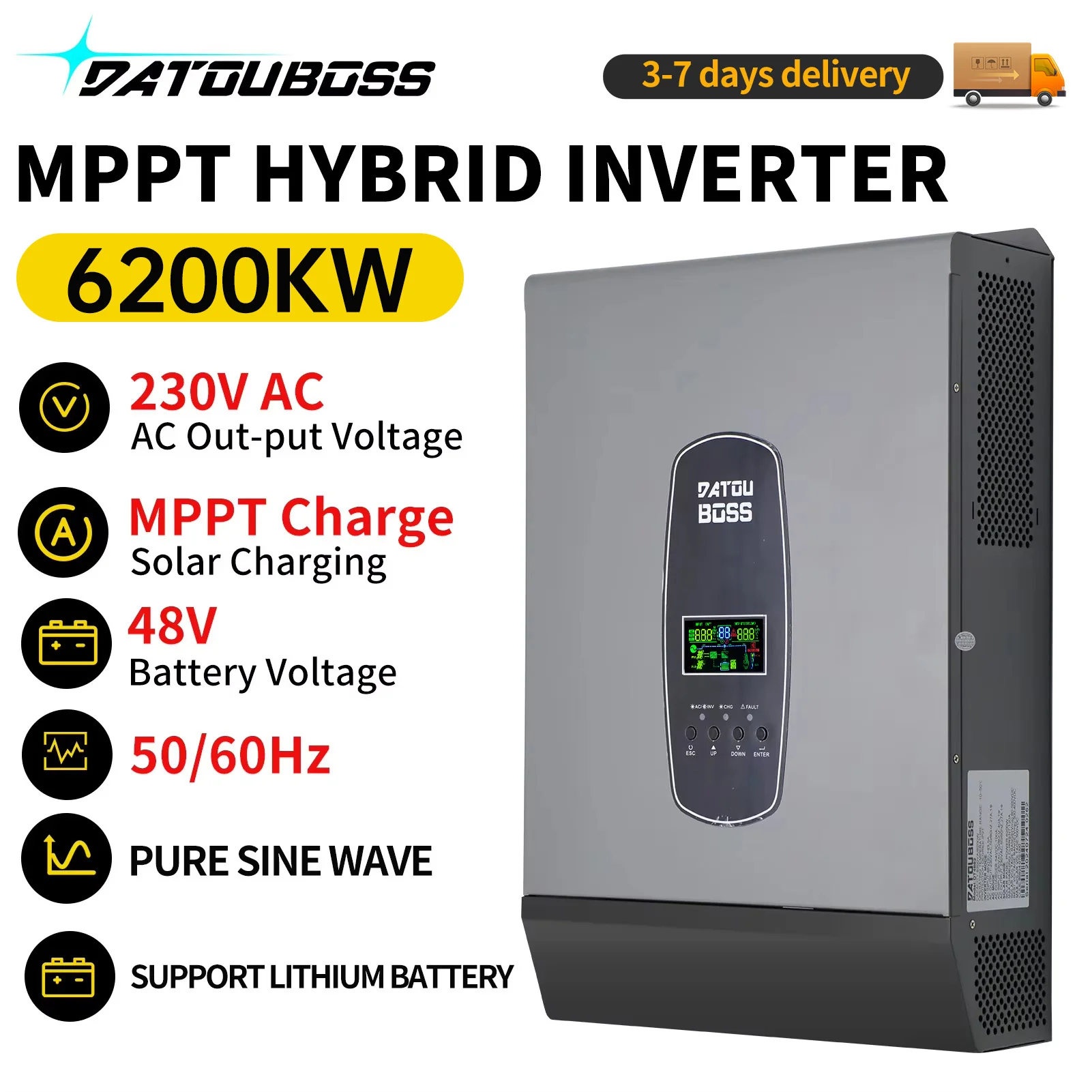 DATOUBOSS Solar Inverter 6200KW 48V with MPPT120A Li-ion Battery BMS LED Display Home Essentials Pure Sine Wave Inverter