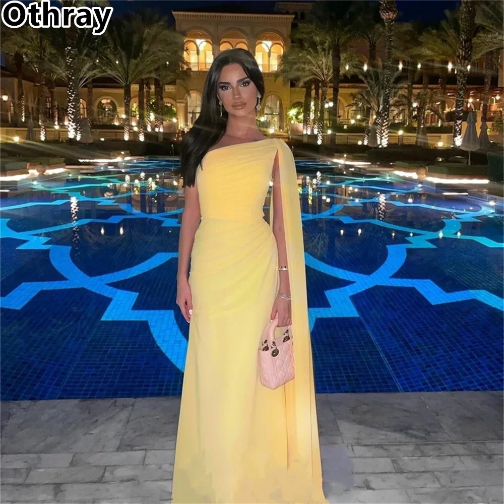 Othray Yellow Elegant Evening Dress One-shoulder Sheath Fold Chiffon Arabic Women Formal Prom Gowns Dubai Party فساتين سهره فاخر