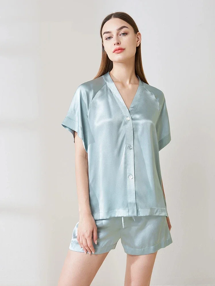 19 مللي متر الحرير التوت الحقيقي المرأة الصيف قصيرة الأكمام السراويل بيجامة دعوى بلون الخامس الرقبة سترة التلبيب المتسكعون بيجامة غير رسمية