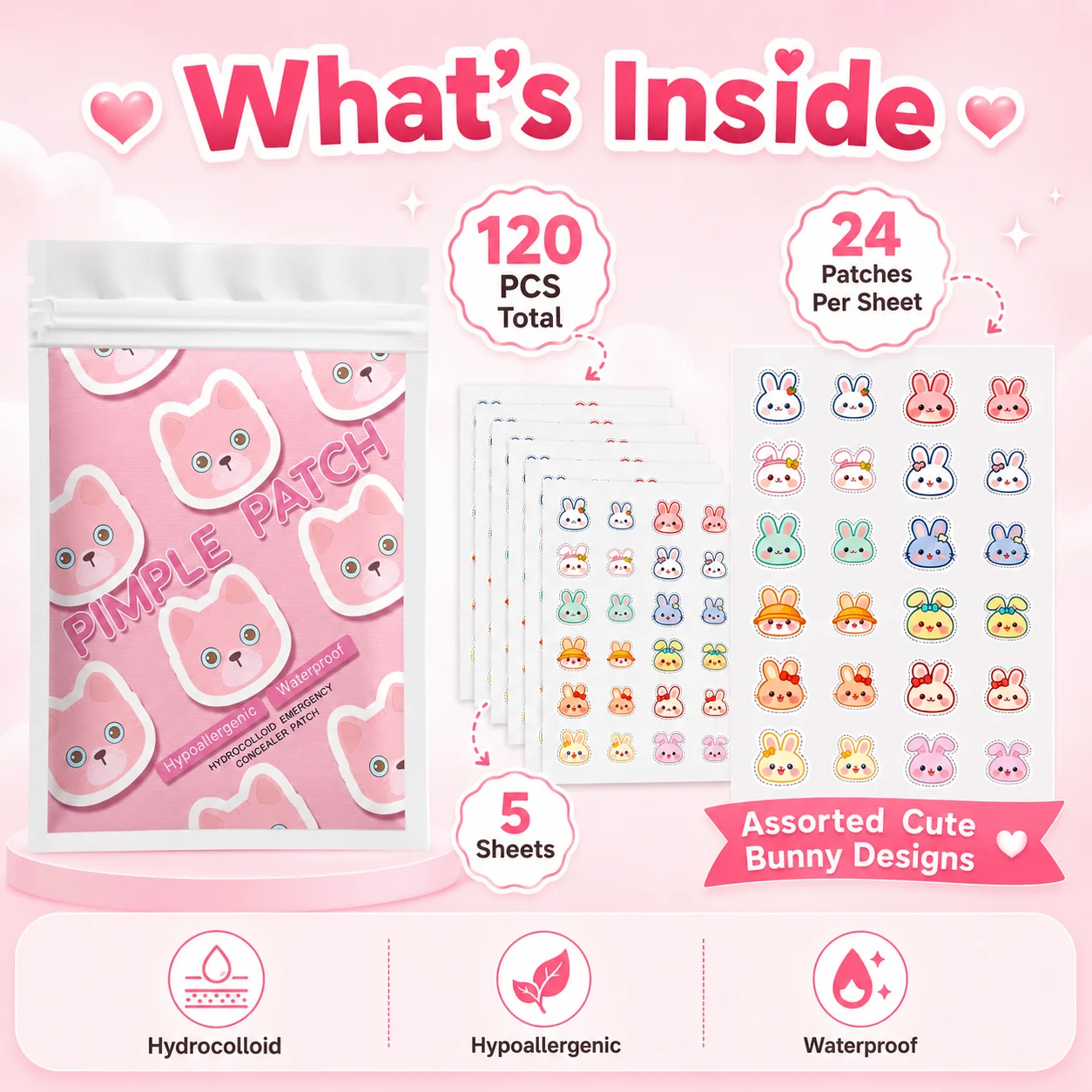 120pcs Cartoon acne patch, cute cat-shaped facial concealer acne patch, safe, non-toxic, gentle and non-irritating, suitable for