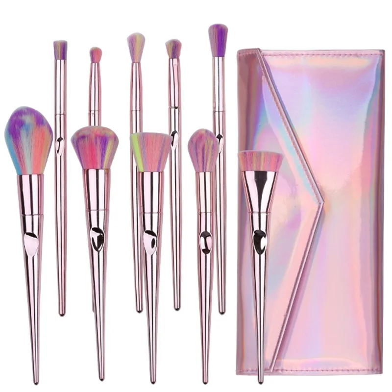 High Quality 10pcs Colorful Makeup Brush Set With Bag Synthetic Hair Brushes Set Powder Blush Foundation Eyeshadow Makeup Tool