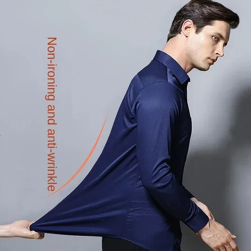 Camisa elástica de manga larga para hombre, vestido de negocios informal sin planchar, traje de trabajo profesional, ropa de oficina azul marino ajustada, 100KG