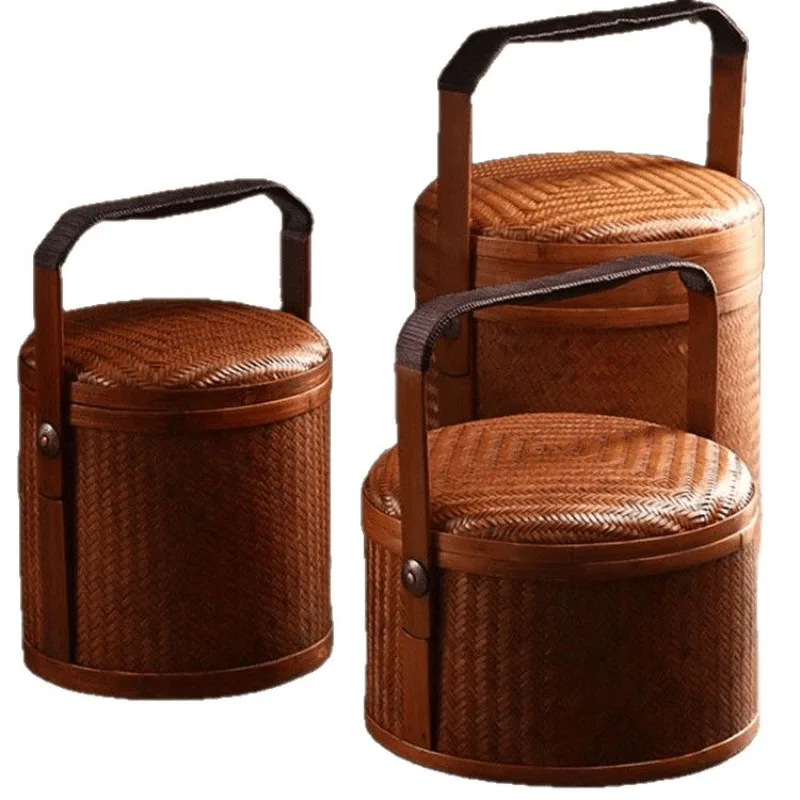 

Retro bamboo woven double-layer food box, large snack hand basket, tea set storage box