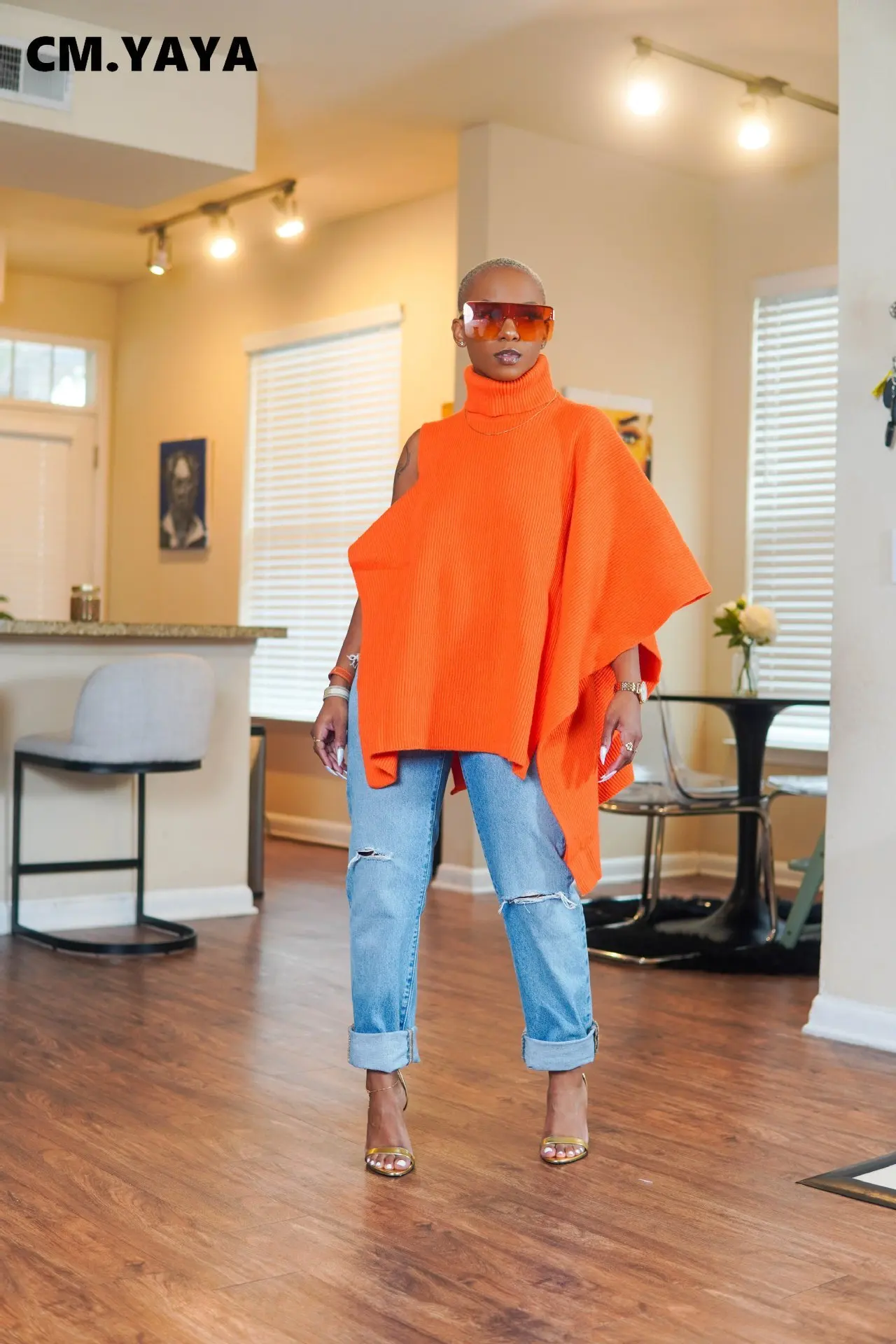 CM.YAYA ملابس خروج نسائية أنيقة لشتاء 2025 بأكمام طويلة غير متماثلة الياقة المدورة INS بلوفرات سترة ملابس علوية غير رسمية