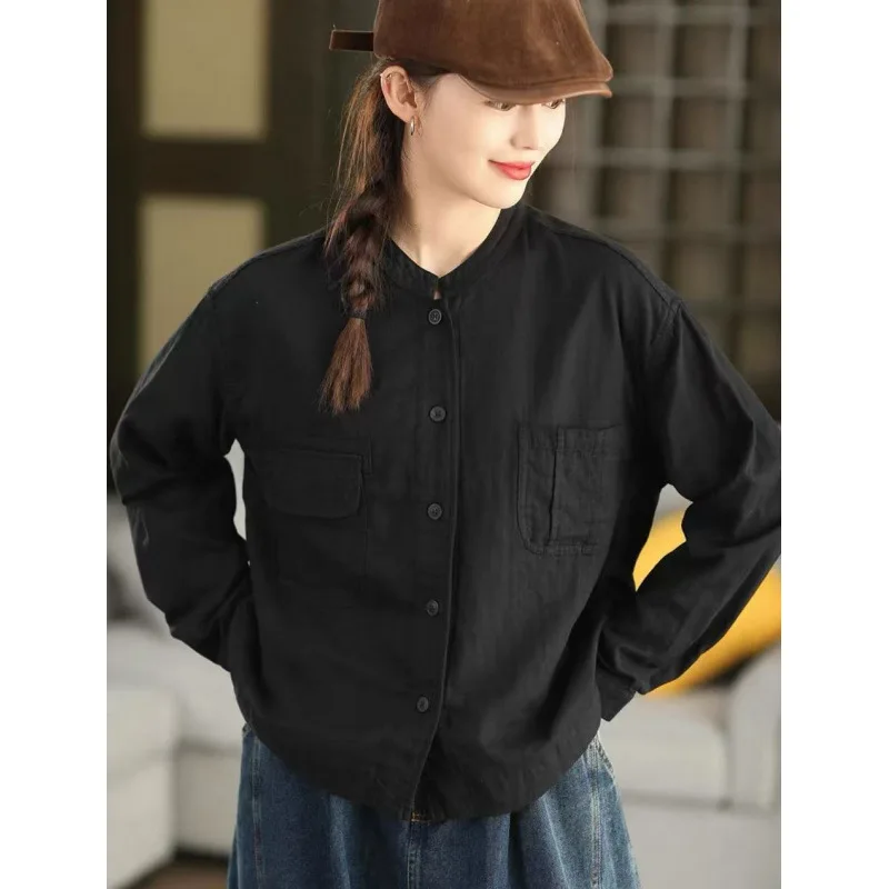 Masss Wasss Japanese Design Winter Tops Women Fashion Loose Casual Cotton Shirts Ladies Luxury Classic Solid Long Sleeve Blouses
