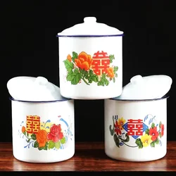 Nostalgic Enamel Cup - Double Happiness Flower Retro Iron Teapot with Cover