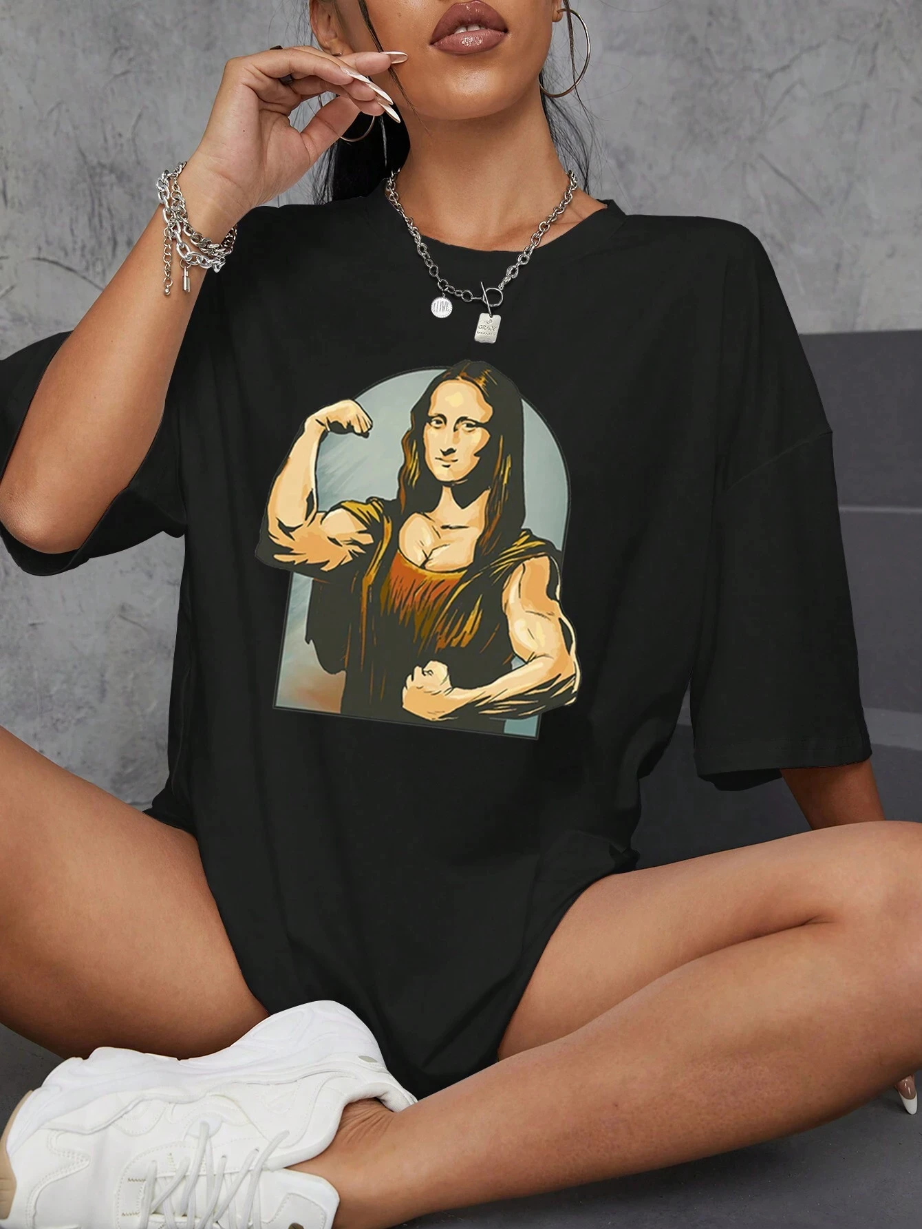 Family Matching Outfit T‑Shirt Funny Muscular Mona Lisa Parody Print Mother Daughter Casual Parent‑Child Short Sleeve Daily Tee