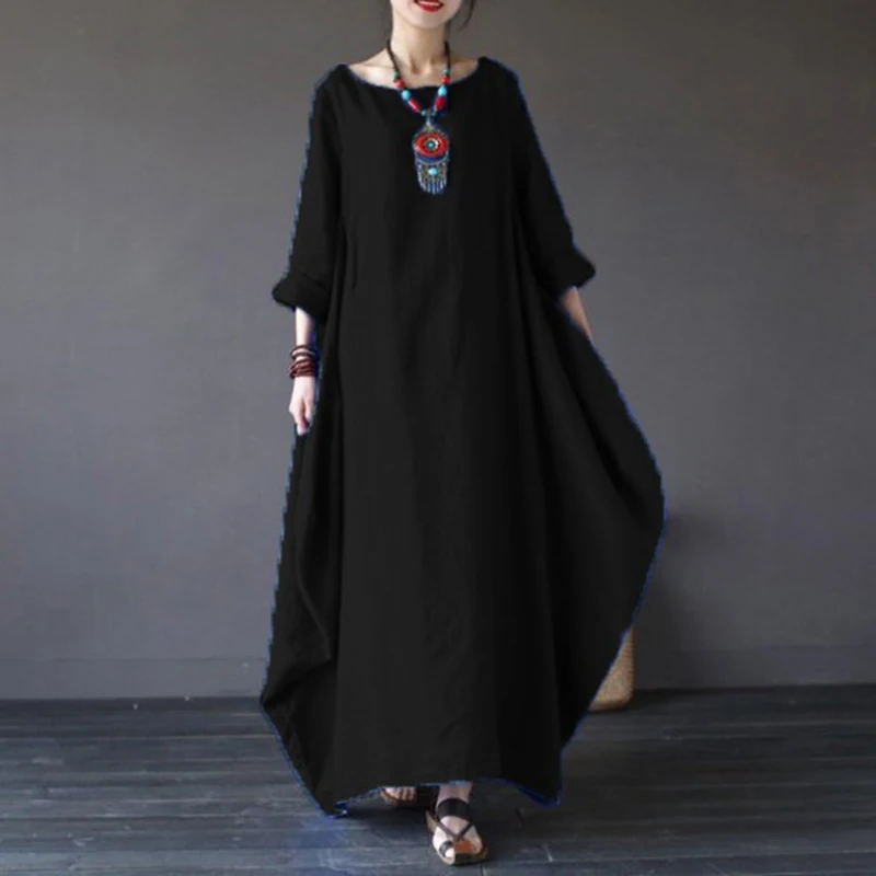 Women Dress round Collar Pullover Dress Long-sleeved Dress Solid Loose Long Cotton Caftan S-5XL