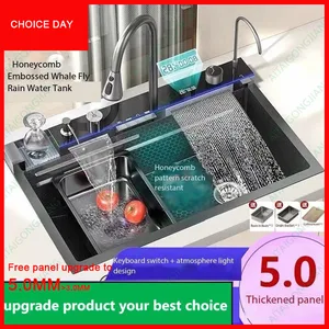 Spülbecken aus Edelstahl im Relief, Doppelwasserfall, großer Schlitz groß, Waschbecken mit digitalem Display, Geschirrspüler, 5,0 mm 10 Hauptverkaufsspülen Geschirrspülen - №10