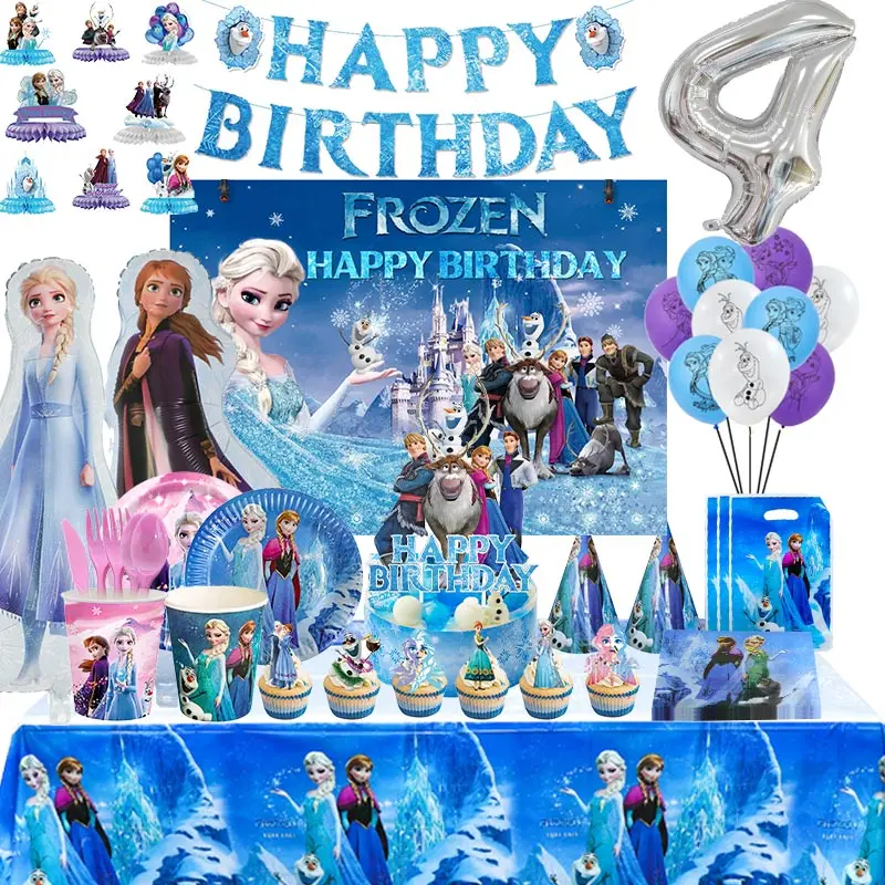 Disney Frozen Birthday Party Decorations Anna Elsa Tableware Cups Plates Backdrop Snow Queen Balloons Party Supplies Girls Favor