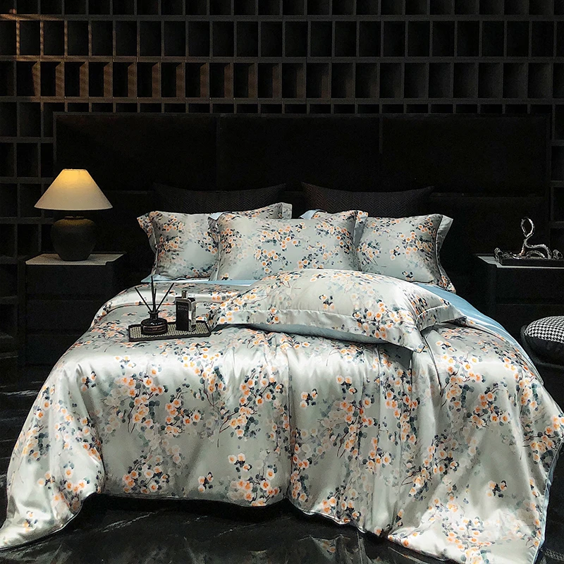 

High-end Silk Bedding Set Printed Queen King Duvet Cover Soft Silky Satin Quilt Cover Set As Holiday Gift