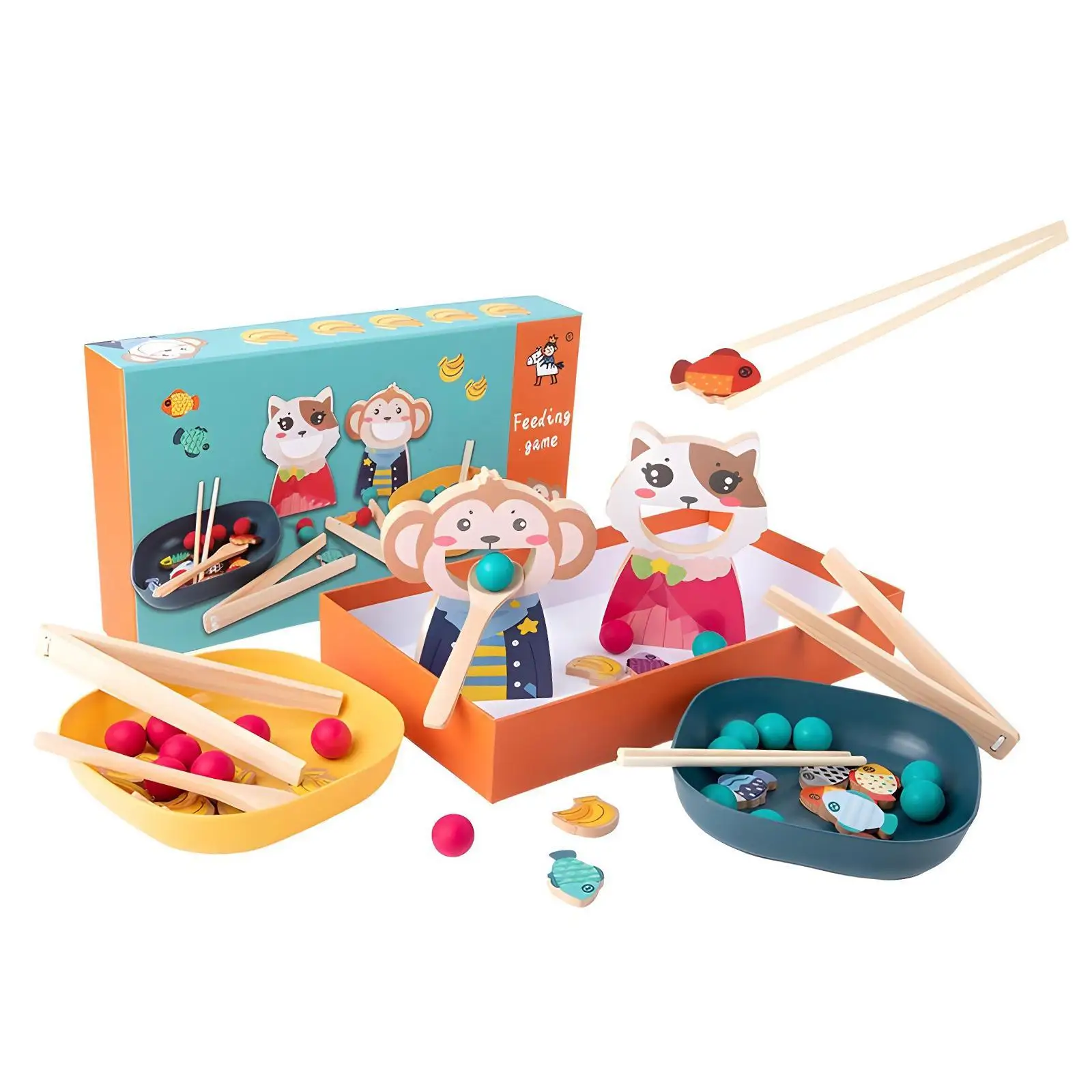 Wooden Feeding Toy with Chopsticks Spoons for Activity Interaction Primary