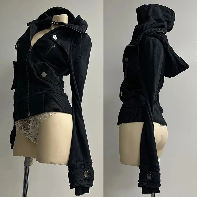 Gothic Y2K Damen Chic Hoodie Sexy Slim Casual Einfarbiges Damen Crop-Sweatshirt Grunge Punk Vintage Ästhetik Streetwear