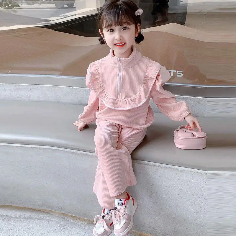 Girl Clothing Set Korean 2024 Autumn Corduroy Girl\'s Suit Sweater + Pants Fashionable Small Fragrance Girl\'s Two Pieces Set