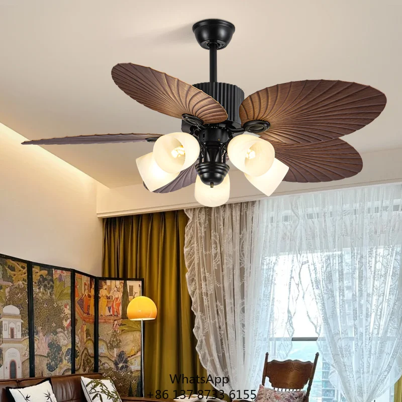 645D Ceiling Fan Light 42-52 Inches Tropical Style Palm Leaf Blades Flush Mount AC Motor Iron Lamp Body For Seaside Patio