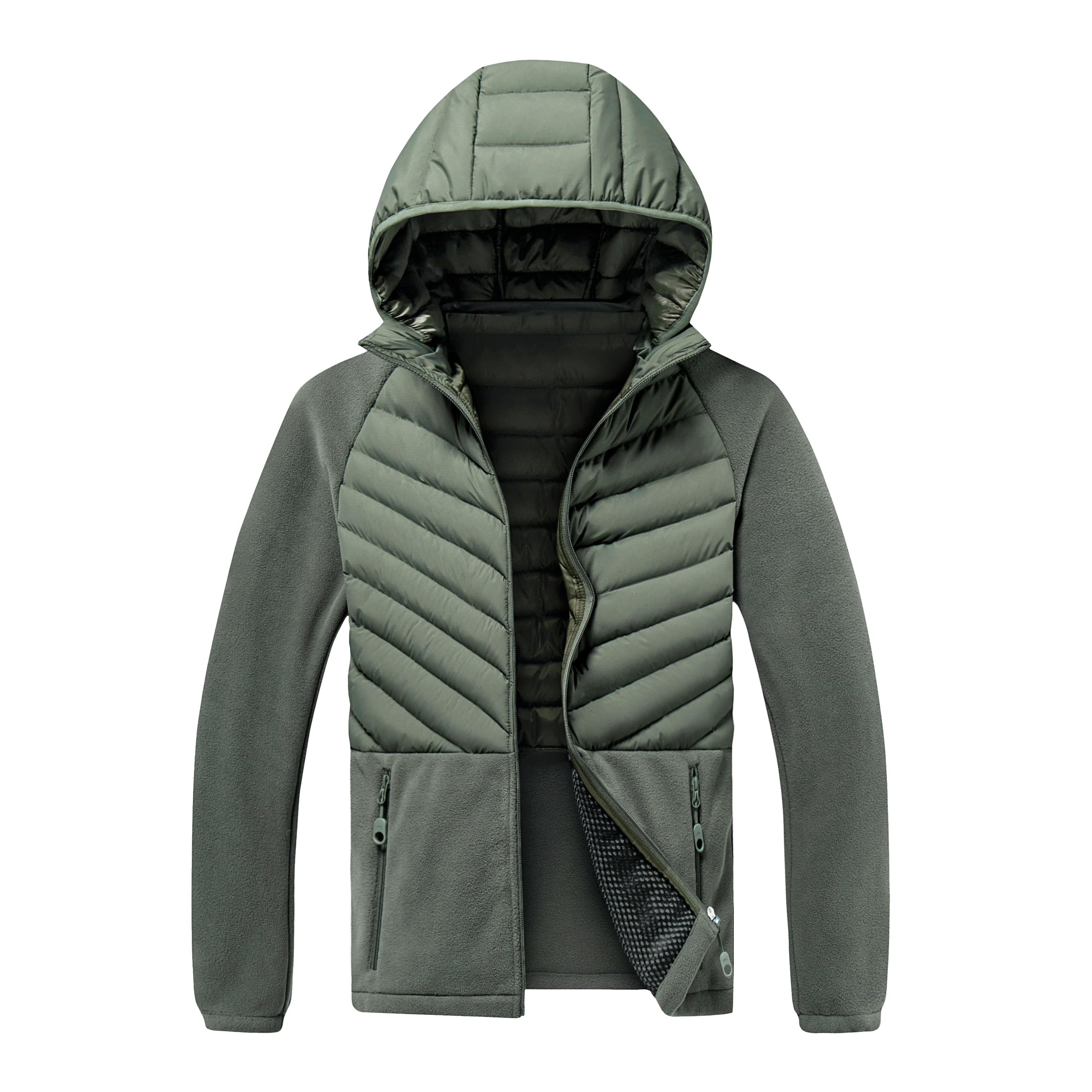 Winter Men's Quilted Jacket with Fleece Splicing Hood Windproof Warm Zipper Pocket Outdoor Daily Padded Mixed Jacket