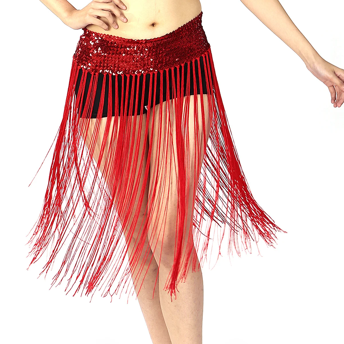 

Lady's Belly Dance Stretch Sequins Fringe Tassel Brilliant Hip Scarf Clubwear Belt Skirt Free Size Red Ideal for Shows Nightclub