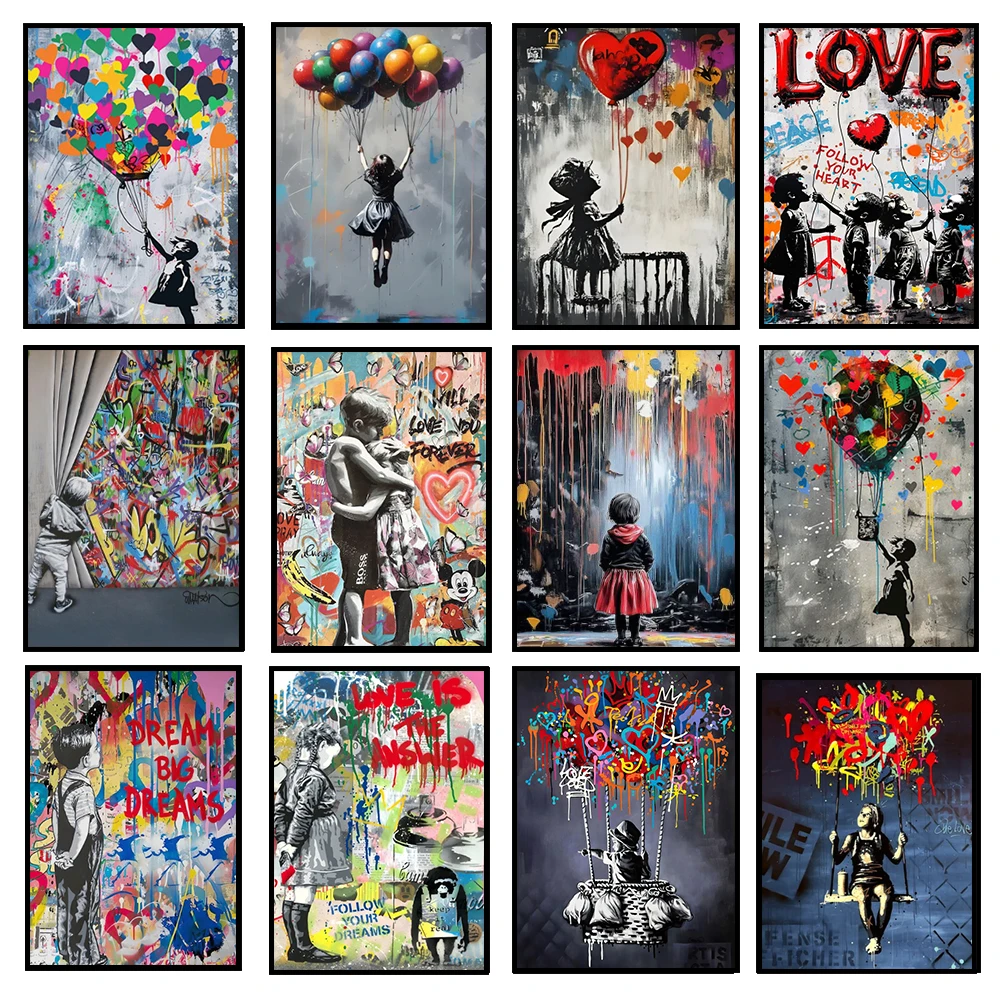 Graffiti Banksy Art Poster Banksy Image Series Printed Canvas Art Mural Used for Home Wall and Living Room Decoration, Frameless