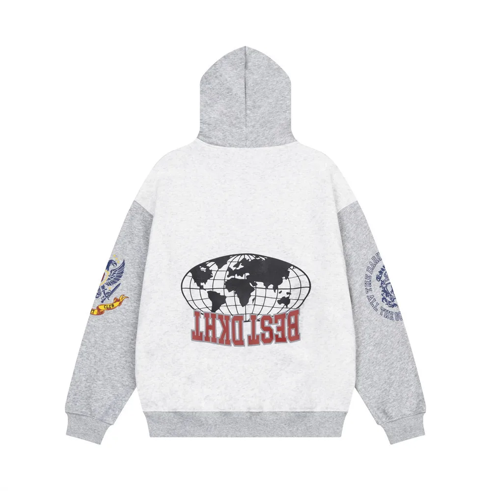 MWJLPWQ Heavy Embroidery Letter Print Hooded Zip-Up Sweatshirt Men's American Trendy Design Color-Blocking Loose-Fit Tops 21238