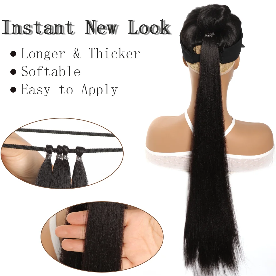 Cola de caballo sintética recta de 28 pulgadas con cuerda elástica, accesorio de cabello moderno para uso diario y fiestas 6