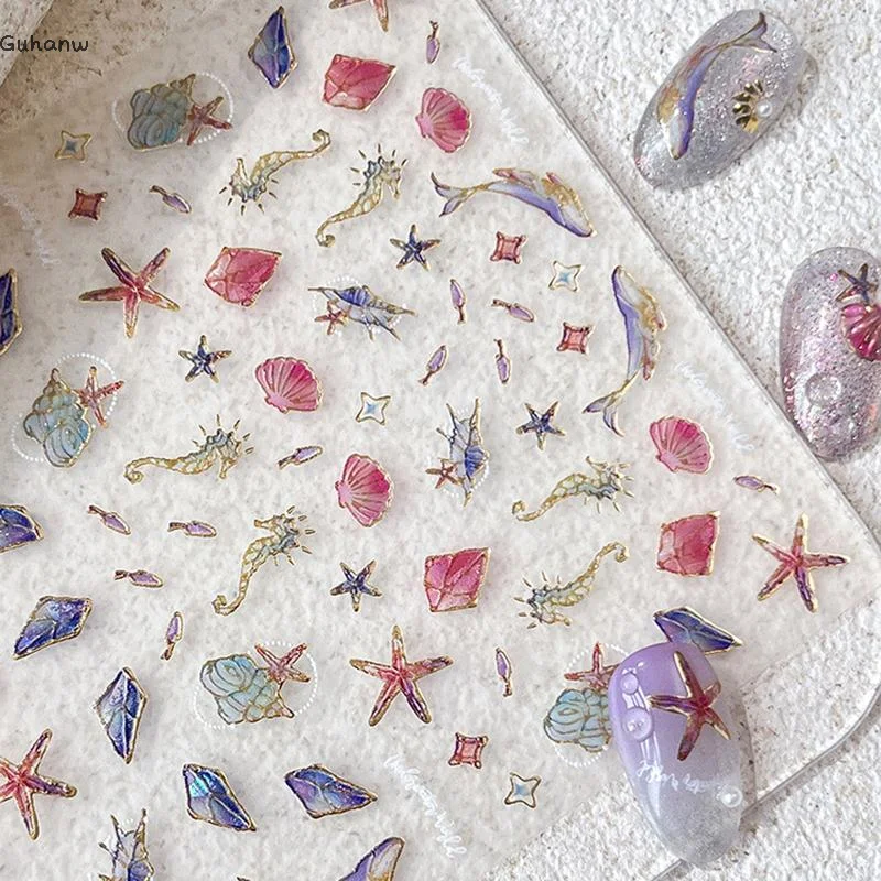 

[YU]5D Summer Sea Shell Nail Sticker Shiny Embossed Starfish Nails Stickers Summer Shell Seahorse Whale Nail Decals Decoration
