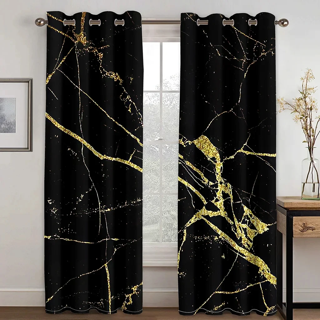 3D Modern Black Gold Abstract Art Marble Elegant Design 2 Pieces Thin Shading Window Drape Curtain for Living Room Bedroom Decor