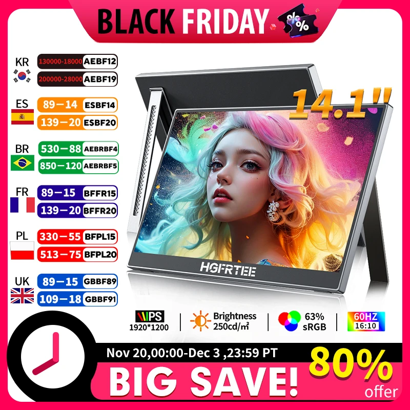 

HGFRTEE 14.1" Portable Monitor 1200P Full HD Second Screen for Laptop with Stand And USB-C Connectivity For PS5 Xbox Switch