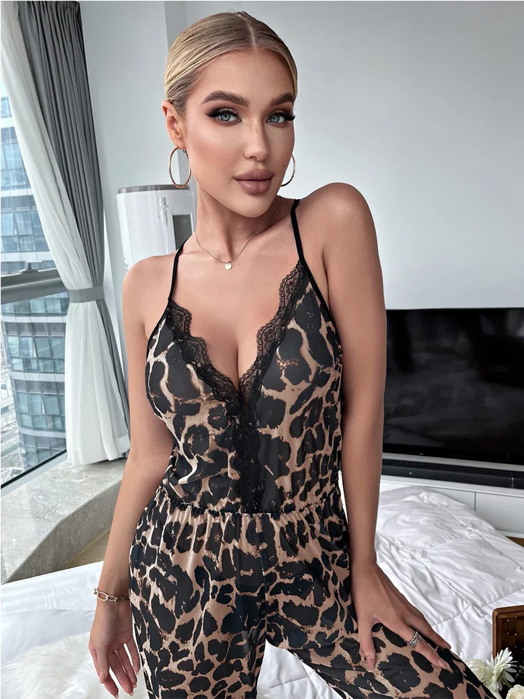 Sexy Sleepwear Elegant Bodysuits Leopard Print Playsuit Crisscross Back Romper Mesh Lounge Wear  Lace Trim  Jumpsuit