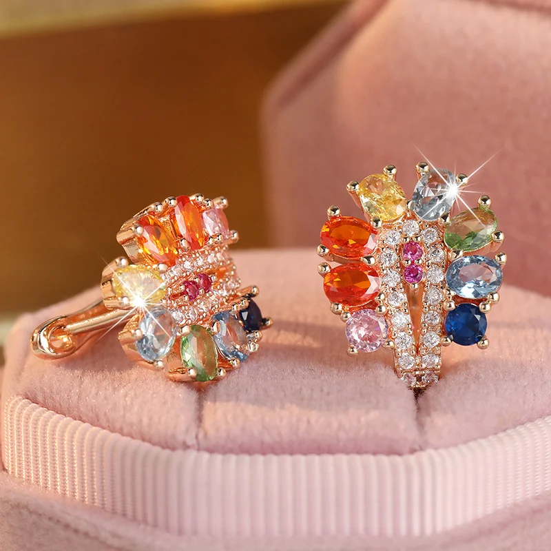 Exquisite Sparkling Rainbow Multicolor Synthetic Zirconia Flower Earring Romantic Retro Women Wedding Banquet Jewelry Accessorie