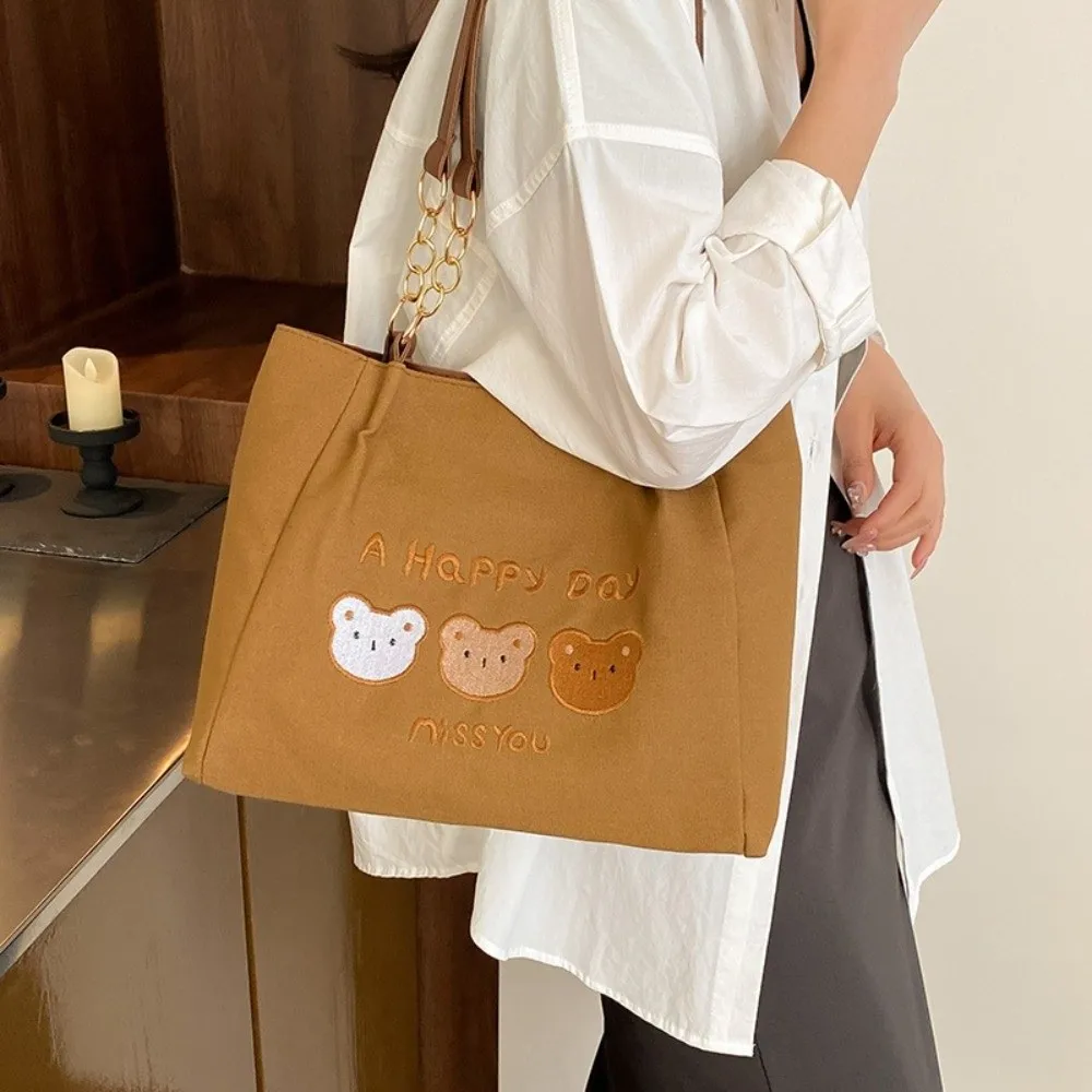 

Lunch Bag Printed Bear Shoulder Bag Korean Style Solid Color Cartoon Tote Bag Large Capacity Versatile Canvas Handbag Girls