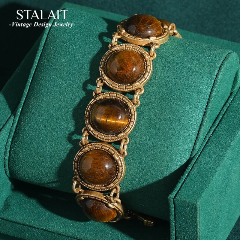 

Винтажный регулируемый браслет-цепочка с тигровым глазом - 18-каратное позолоченное ювелирное изделие с гравировкой, подарок для женщин