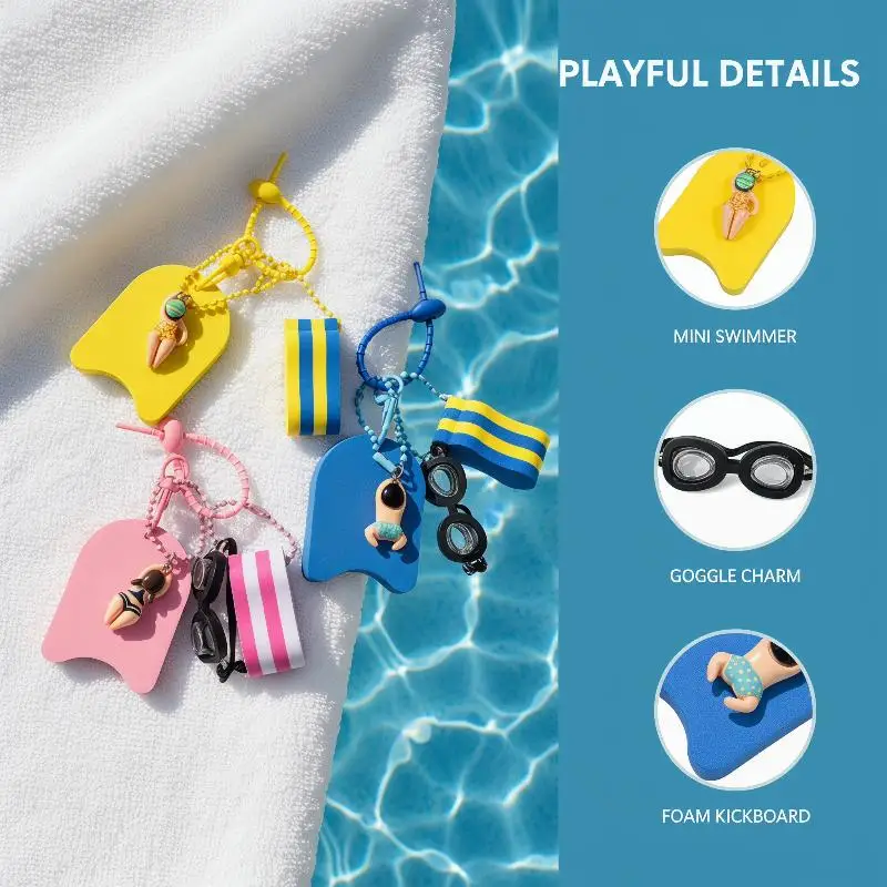 Cute Swim Themed Keychain With Mini Goggles Kickboard And Swimmer Charms Floating Keyring For Bag Decoration Gifts For Swimmers