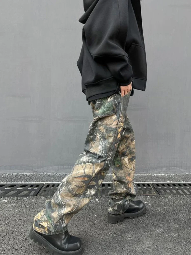 Patroon Camouflage Jeans Voor Mannen In Losse Harajuku Straight Tube Print Trendy Mannen En Vrouwen Hip-Hop Broek