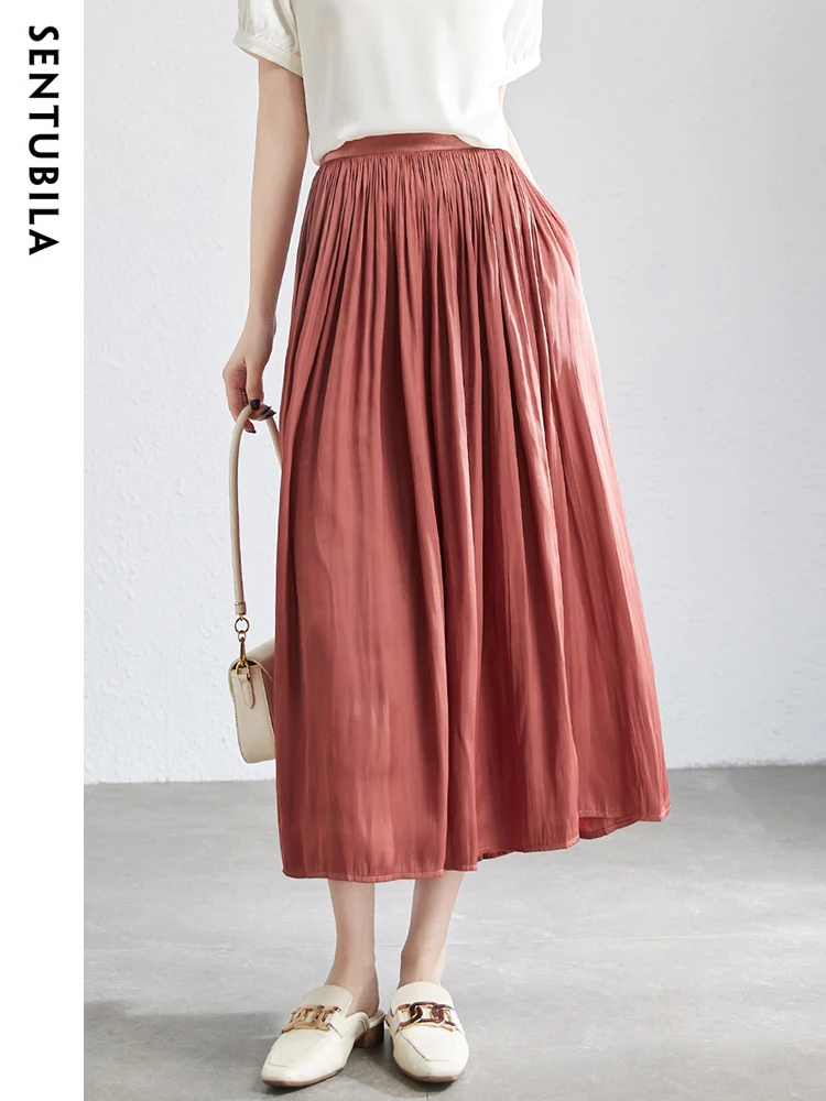 SENTUBILA Women's Mid-Length Pleated Skirt 2024 Summer Fashion Elegant Elastic High Waist Solid Umbrella Skirts Female 132Q49766