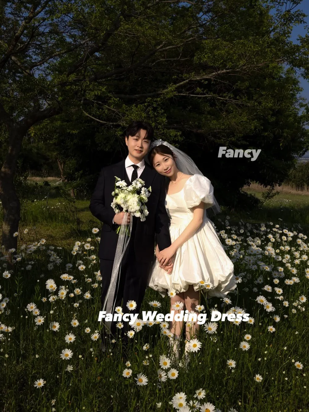 Fancy Simple Puff Sleeve Korea Wedding Dress A Line Taffeta Bridal Gown Mini Short Summer Bride Reception Gowns Customized