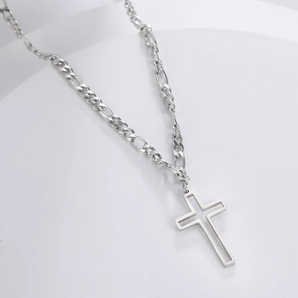 Unift Hollow Cross Necklace for Men Boy Stainless Steel Figaro Chain Necklaces Hip-Hop Religious Classic Christian Male Jewelry