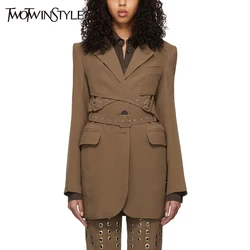 TWOTWINSTYLE Patchwork Belt Blazers For Women Notched Collar Long Sleeve High Waist Solid Chic Coat Female Fashion Clothing New