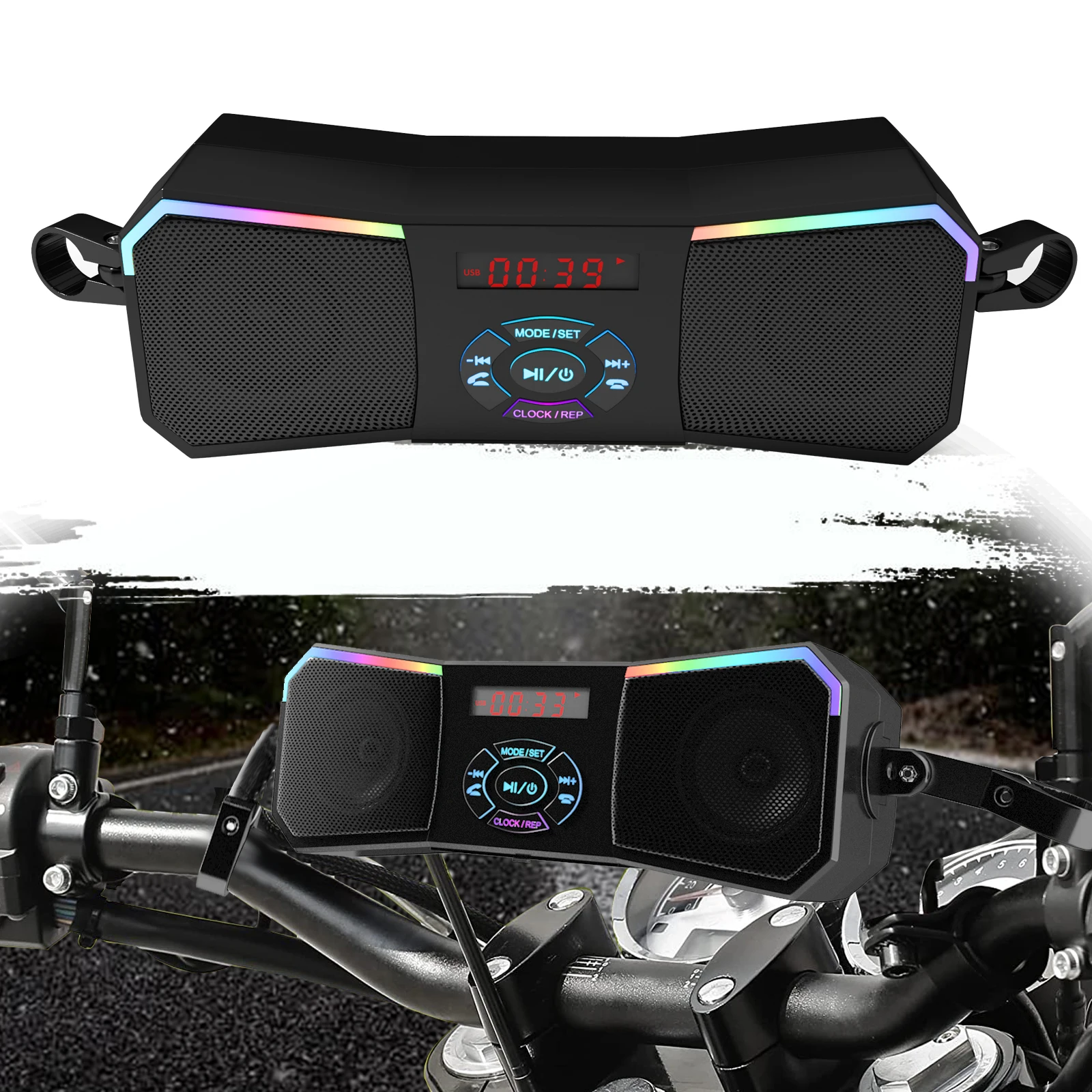 طقم صوت مثبت على مقود الدراجة النارية - مكبرات صوت ستيريو لاسلكية، مشغل MP3 12 فولت، USB/AUX وراديو FM للراكبين