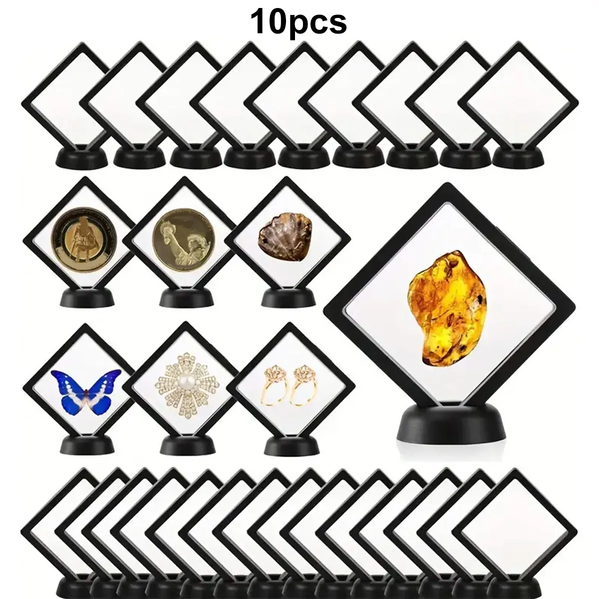 10pcs, Floating Display Box with Base, Transparent Film Display Box, Challenge Coins, Specimens, Jewelry Display and Storage