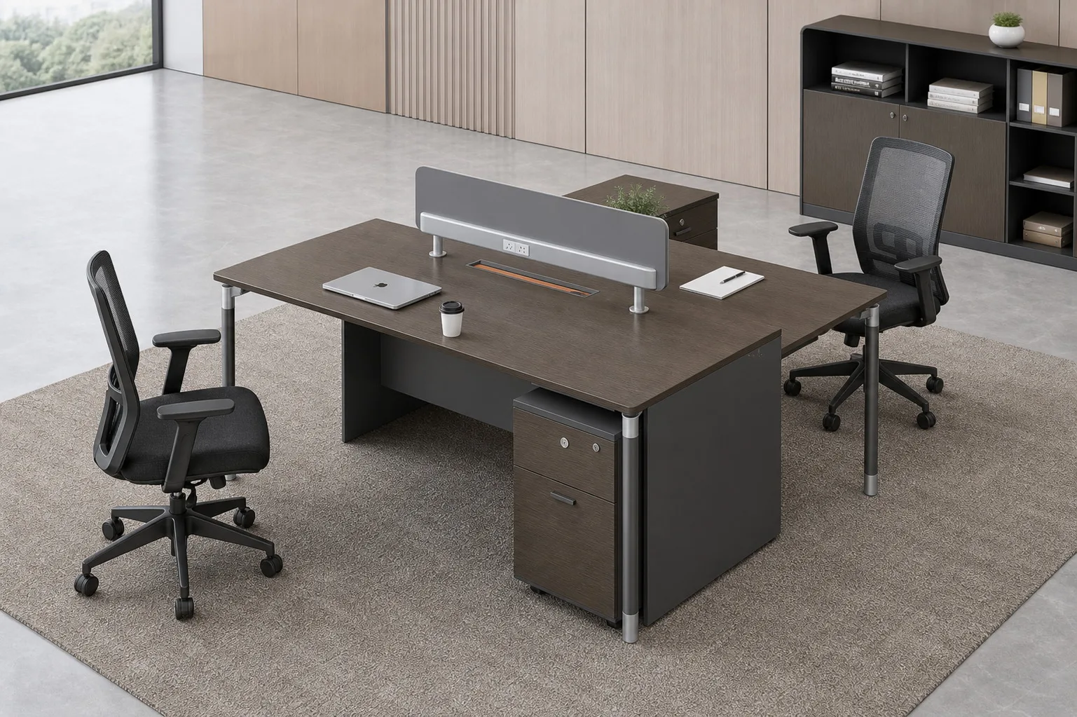Modern 2 Person Office Workstation Desk With Privacy Screen Power Rail Pedestal Cabinet Commercial Office Furniture