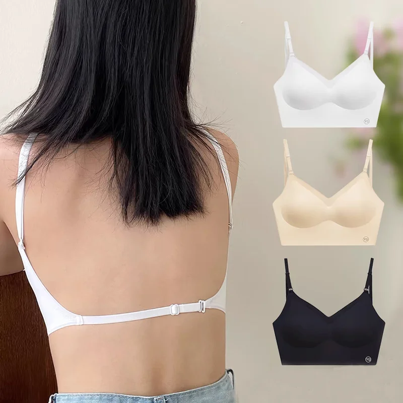 Strapless Underwear Women Invisible Bra Deep U Plunge Bras Backless Top for Dresses Sexy Lingerie with Transparent Strap Push Up