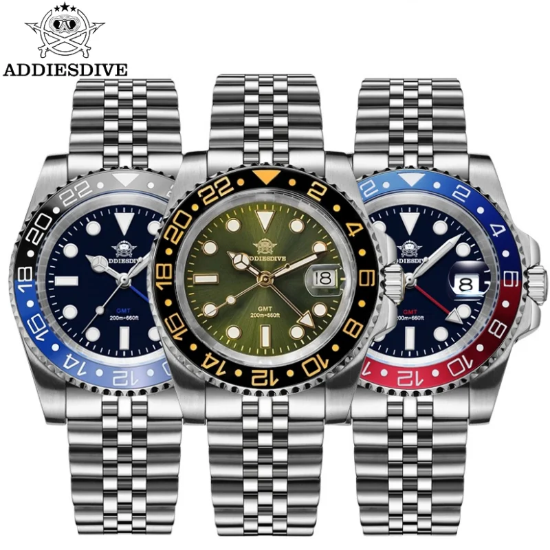 ADDIESDIVE Watch For Man GMT BGW9 Super Luminous 316L Stainless Steel 20Bar Diving Ceramic Bezel Quartz Watch