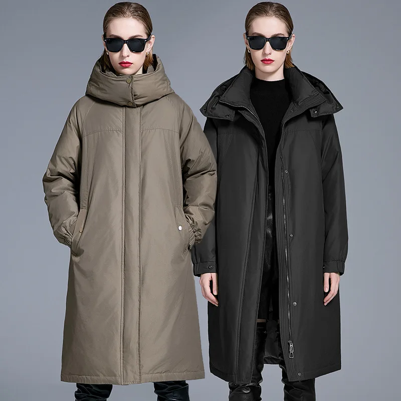 Luxury High Quality 90% White Duck Down Loose-fit Long Hooded Down Jacket for Women New Winter Windproof Warm Coat Trendy New