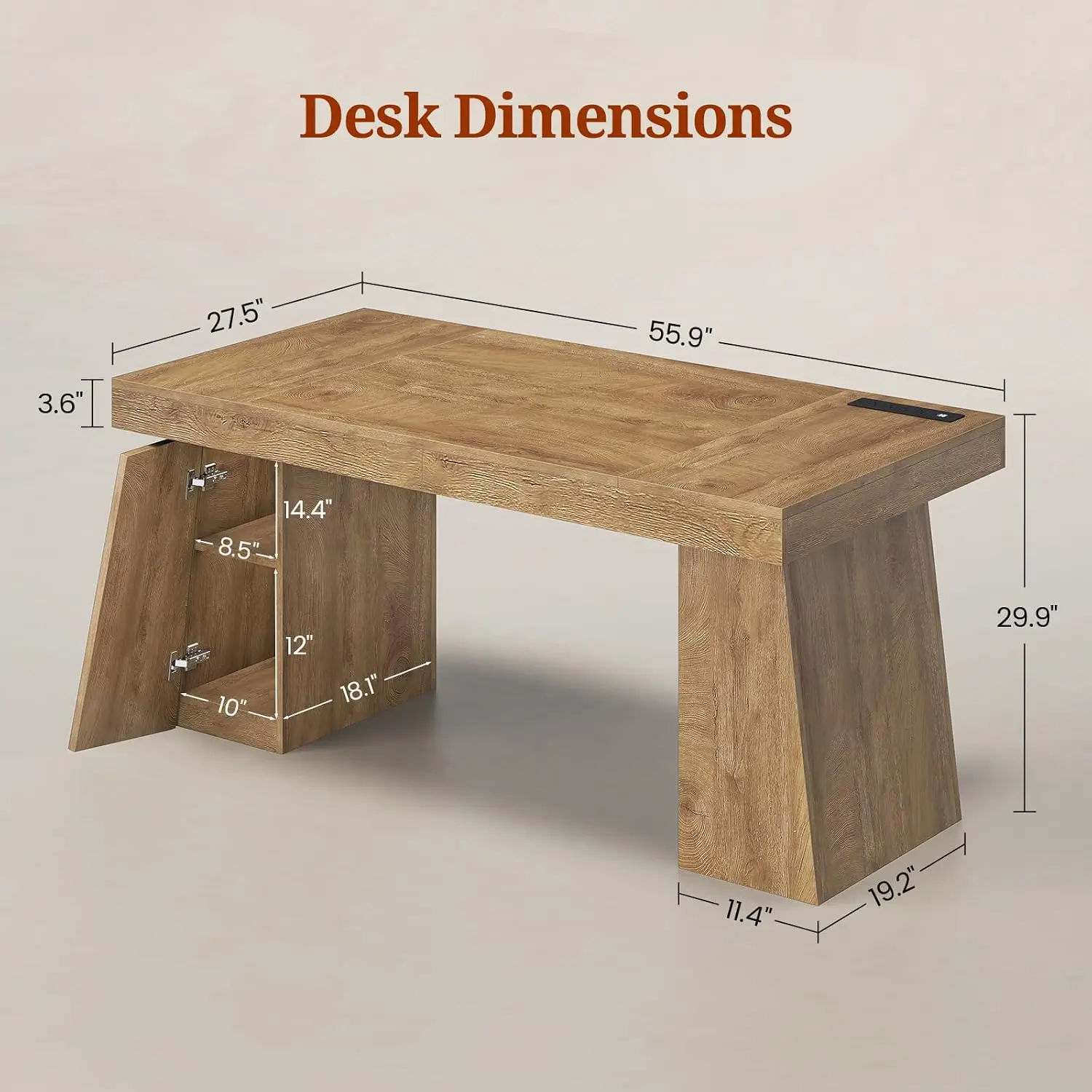 55.9in Executive Desk with Power Outlets & Storage Cabinet, Modern Wood Computer Desk Office Workstation Table, Customized