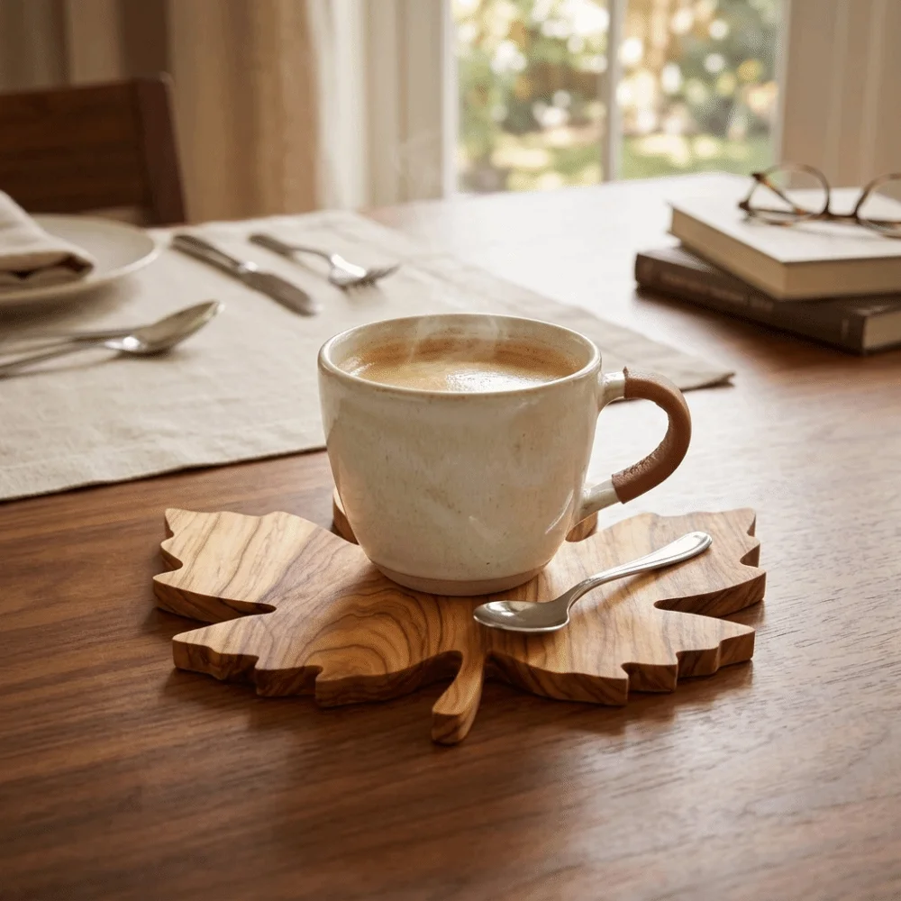 Convenient Non-Slip Maple Leaf Wooden Coasters Anti Scald Heat-Resistant Water Cup Mat Natural Drink Pad Restaurant